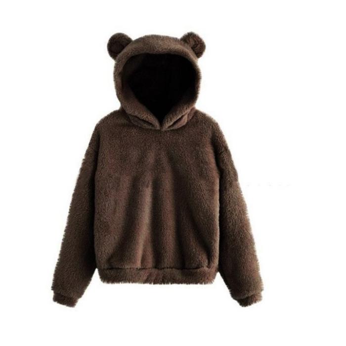 Winter Korean Fashion Bear Ears Cute Loose Hoodie Fluffy Hooded Warm Sweatshirt Long Sleeve Top Solid Pullover Clothes For Women