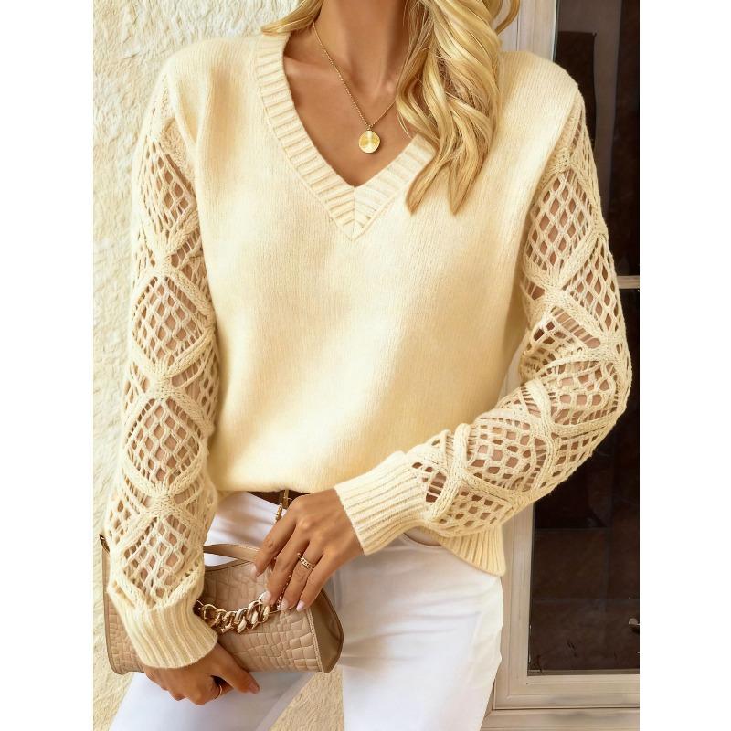 Spring and Autumn Women's Sweater Skeleton Knitted Sweater Pullover Long Sleeve Crochet Jacquard Loose V-Neck Bottom Top