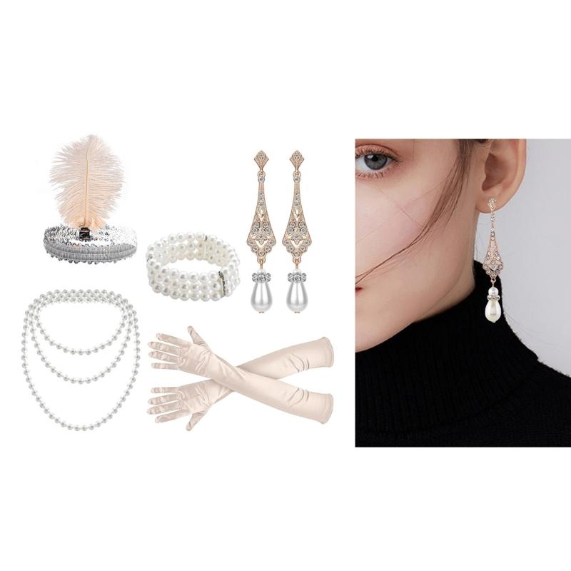 1920s Flapper Cosplay Accessories Feathered Headband Necklace Earring Gloves Bracelets for Women Prom Wedding Masquerade