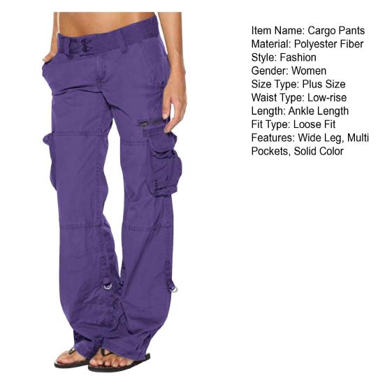 Women Cargo Pants Low-rise Multi-Pocket Design Wide Waist Retro Style Cropped Overalls Solid Color Straight Leg Work Pants