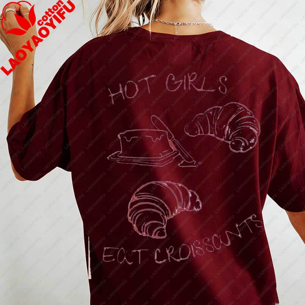 Retro Hot Girls Eat Croissants Womens TShirt Cute Food Graphic Cotton Short Sleeve Tops Gift for Croissant Coffee Lovers