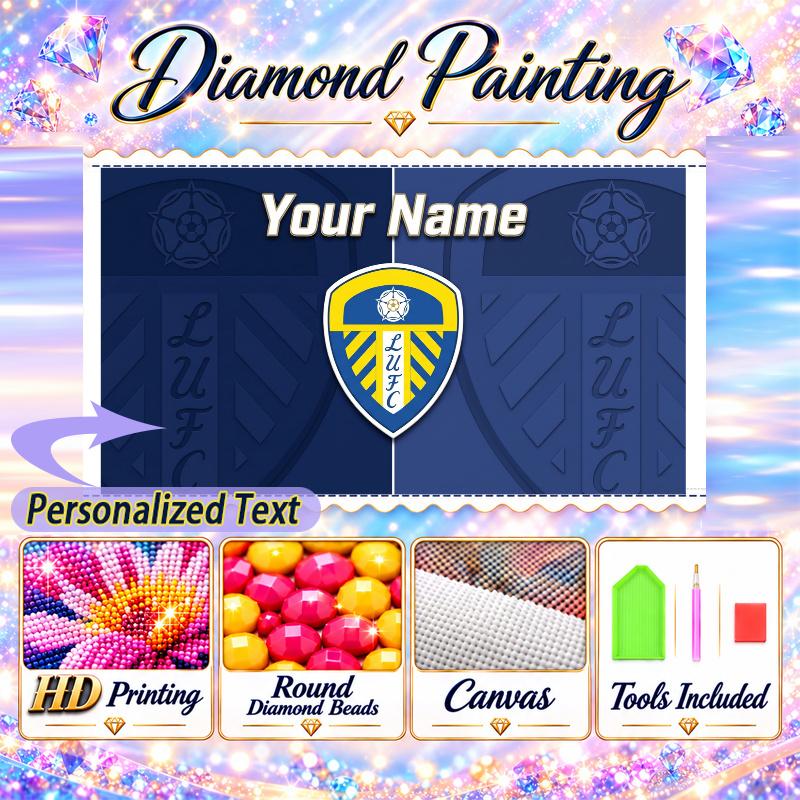 Leeds United FC 5D DIY Diamond Painting Custom Name Text, Full Drill Rhinestone Mosaic Art Home Gift