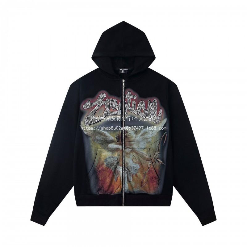 Mens Oversized Hooded Zip-Up Sweatshirt With Rhinestone Letter Print Cotton Streetwear