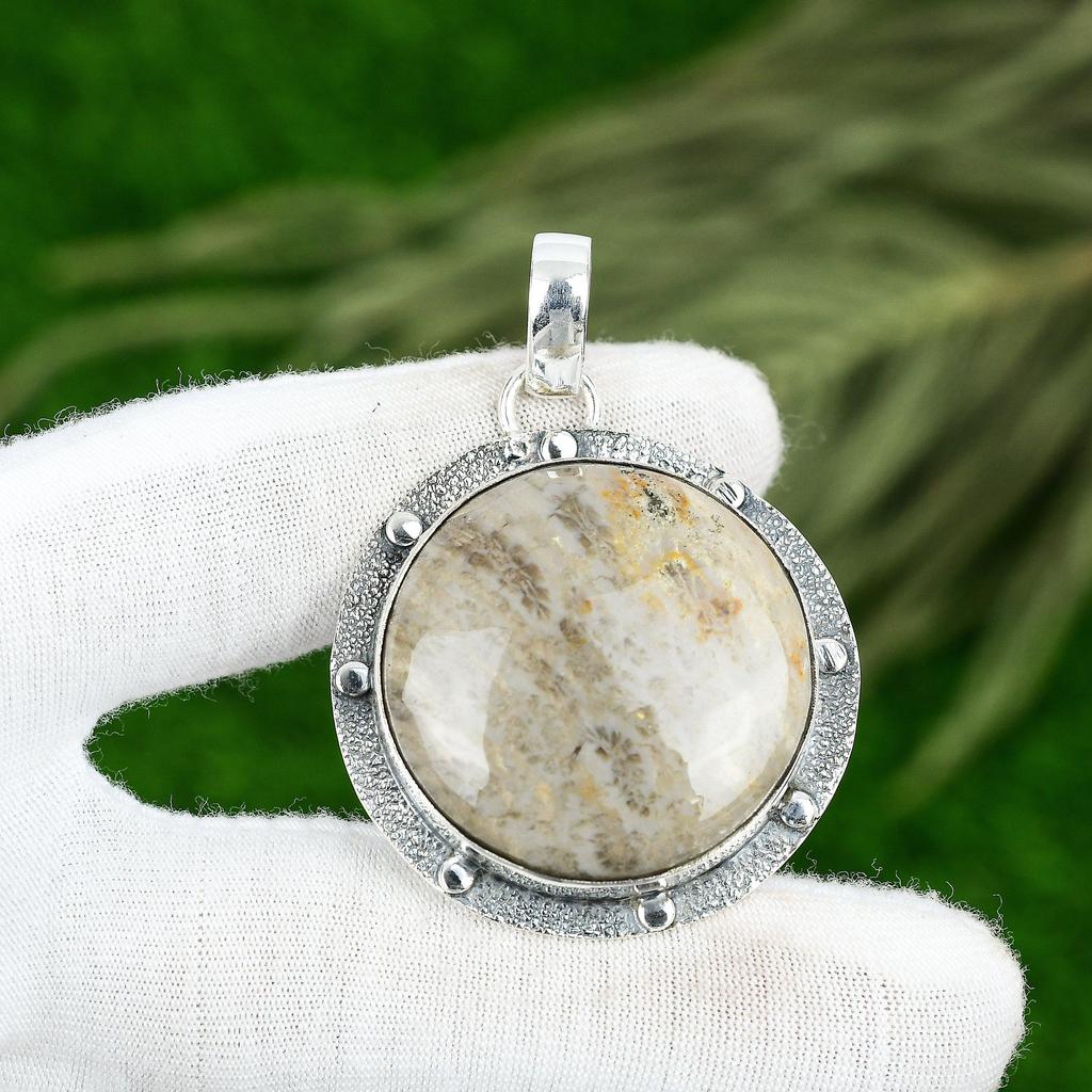 Mothers Day Sale 925 Sterling Silver Round Natural Fossil Coral Pendant Jewelry