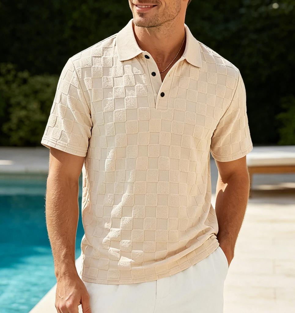 Mens Casual Check Jacquard Short Sleeve Collared Polo Shirt Breathable Loose Summer T-Shirt