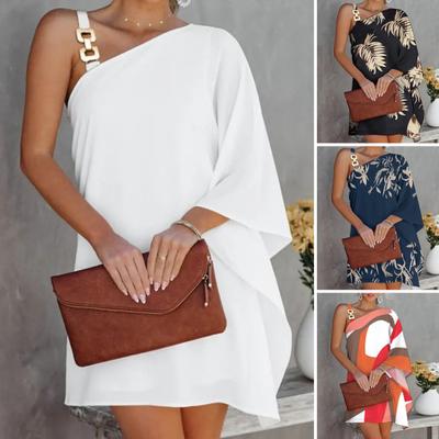 Summer Women Dress One Bat Sleeve Off Shoulder Irregular Printing Slant Neck Loose Chain Decor Beach Mini Dress
