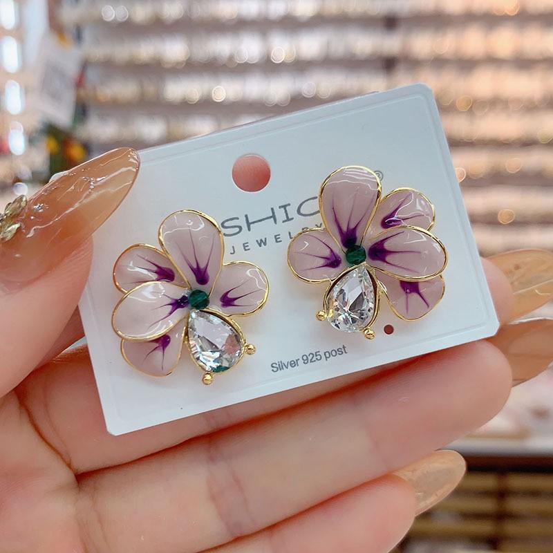 Korean droplet petal zircon stud earrings for women pink blue flower earring fashion Zircon accessories розовый