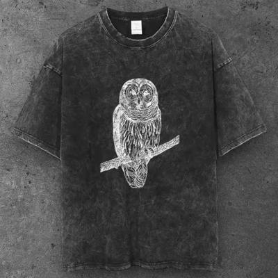 Mens Night Owl Oversized T Shirt Washed Black Grunge Aesthetic S-3XL