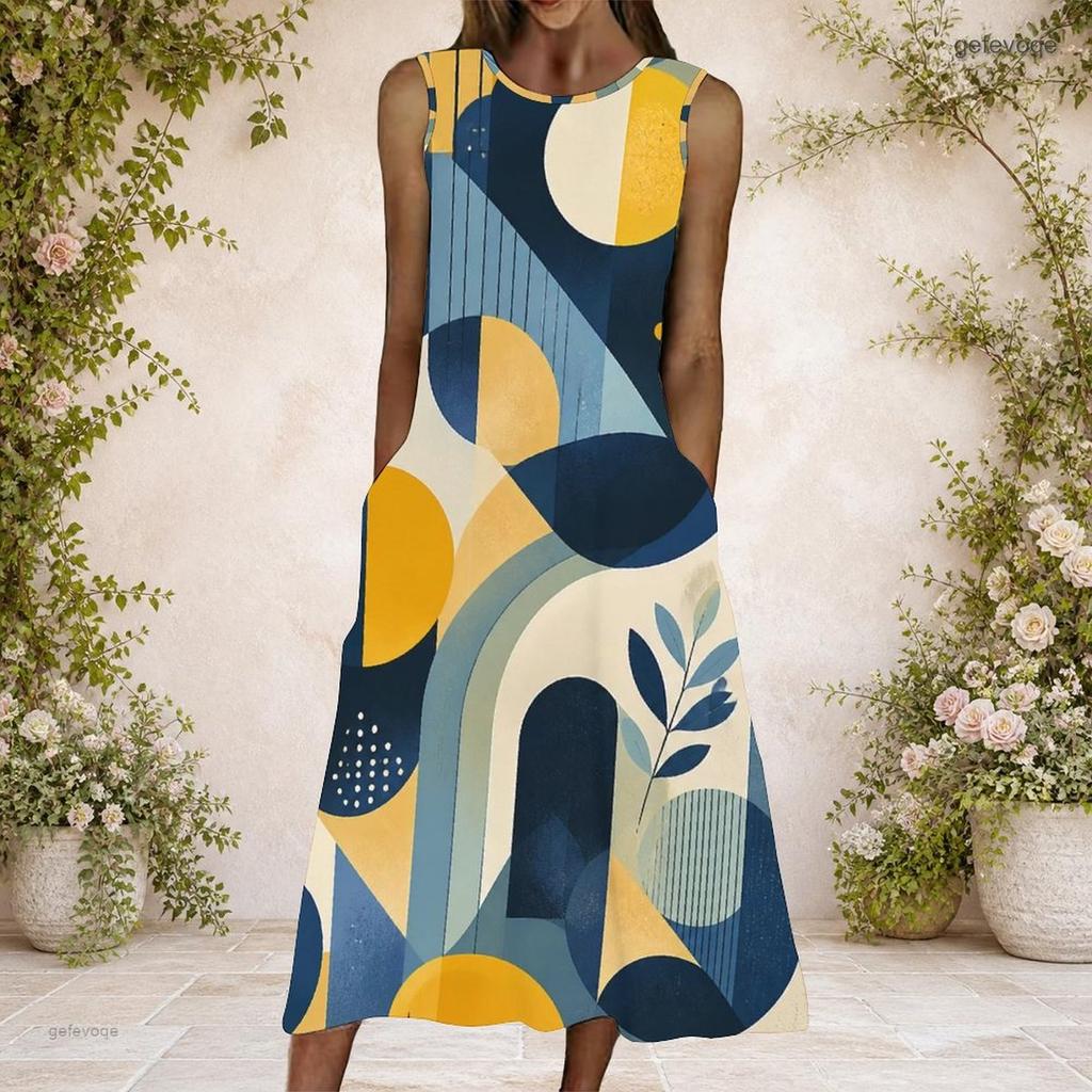 Women Plus Size Round Neck Sleeveless Blue Yellow Geometric Printed A Line Long Dress With Side Pockets