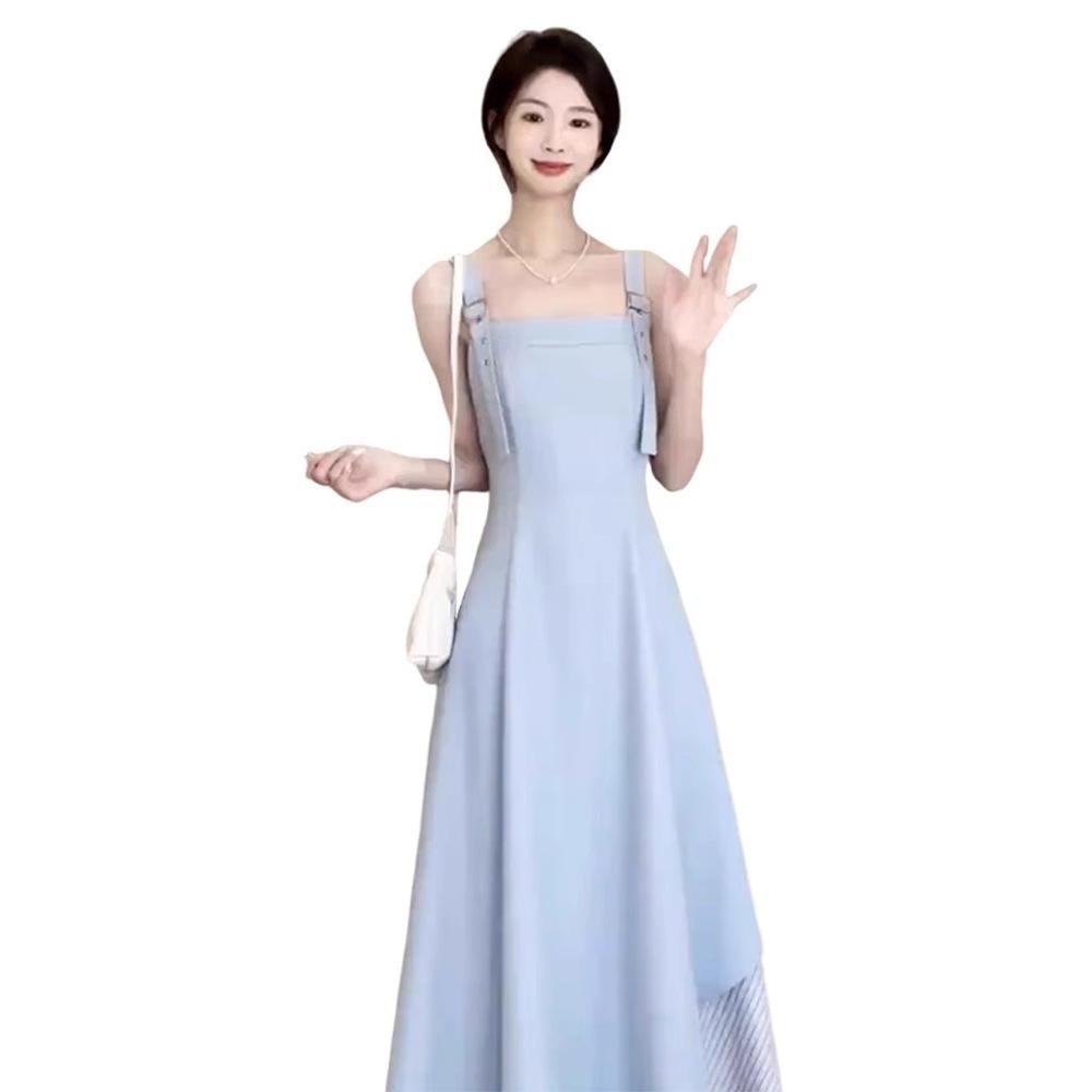 French Temperament Blue Suspender Dress Children's Summer New Temperament Waist Irregular Splicing Dress