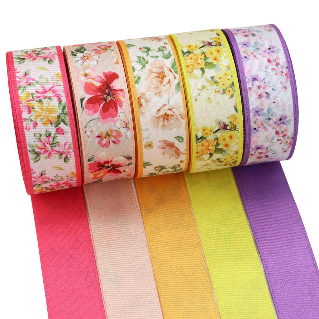 High End Double-sided Printed Floral Print Contrasting Satin Ribbon Handmade Bow Hair Accessory Ribbon Gift