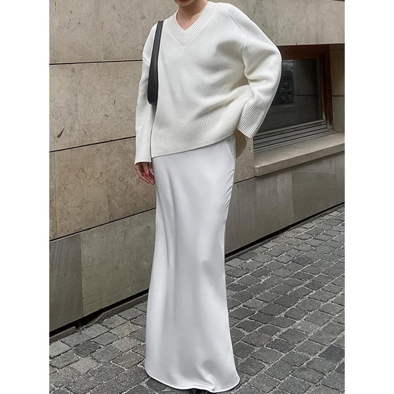 

Элегантная юбка-рыбий хвост из французского атласа 2024 года — женское белое платье с высокой талией и длиной до пола S