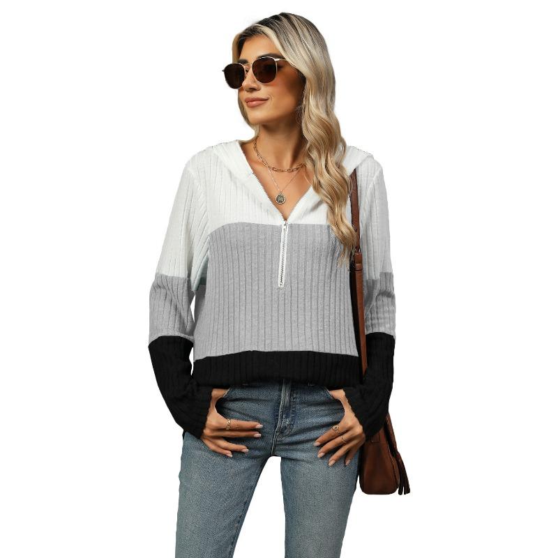 New Loose Color Splicing Zipper Hooded Long Sleeved Blouse Autumn and Winter Top Women Casual Simple Fashion Elegant Office Women's Clothing