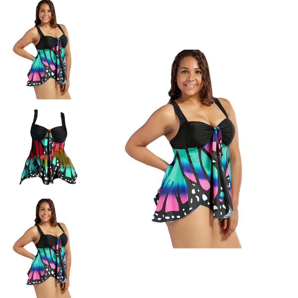 Übergröße Damen Schmetterlingsdruck Hohe Taille Blouson Tankini Stilvolle Bademode für Jeden Anlass