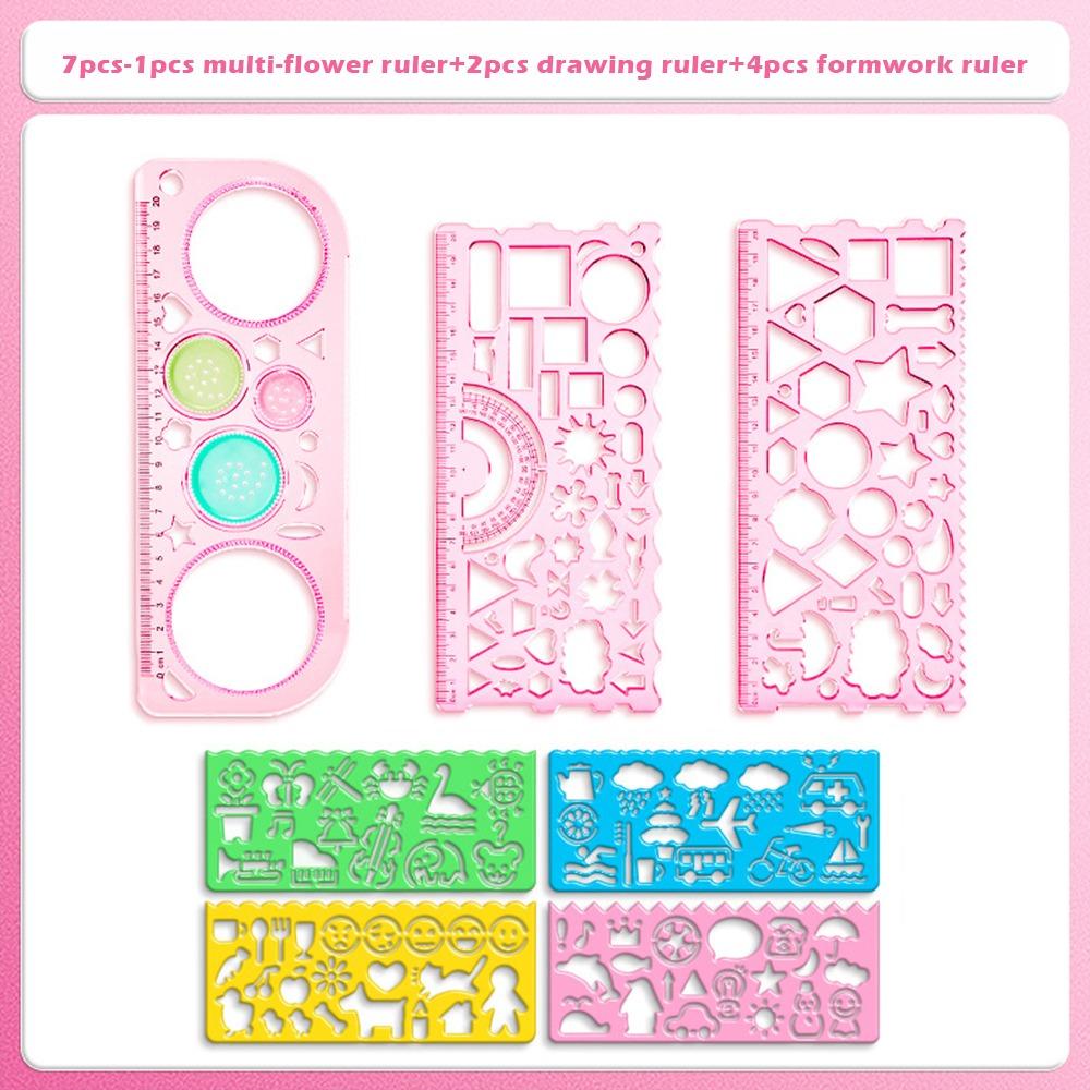 7pcs/Set Simple Plastic Multi-flower Ruler Multi-functional Clear Drawing Ruler Geometric Design Measuring Ruler Gift