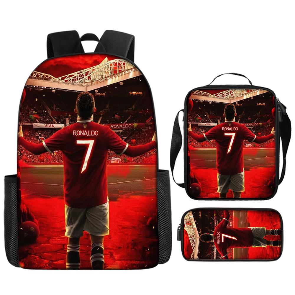 Sac à dos imprimé étoile de football Sac à dos scolaire trois pièces pour enfants Sac à dos dessin animé pour élève de l'école primaire 17inch backpack