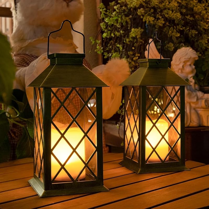TAKE ME 14  Solar Lanterns Outdoor Waterproof Garden Lanterns Large Flickering Flameless Candle Mission Lights for Table,Outdoor,Party Mothers Day PACK 2 LANTERNS