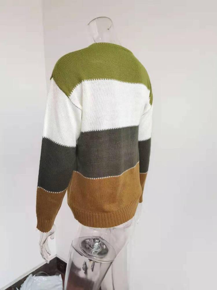 Women Casual Striped Knit Sweater Long Sleeve Round Neck Pullover Autumn Winter