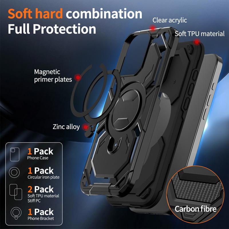 Metal Bracket Wireless Charge Magnetic Case For iPhone 16 Pro Max 15 Pro 14 13 12 11 360 Ring Stand Shockproof for Magsafe Phone Cover