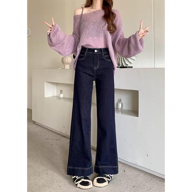 

Женские джинсы с высокой посадкой из темно-синего денима микро-клеш в пол – Стройнящие, свободные широкие штанины для осени/зимы 3X Large