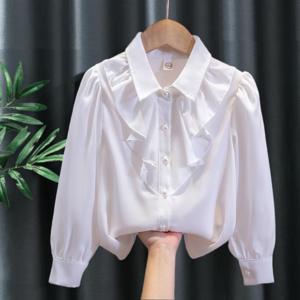 Girls White Blouse Long Sleeve Ruffle Lace Trim Viscose Shirt Children Student Class Uniform Schoolwear Spring Autumn Kids Top Fashion Design Layering