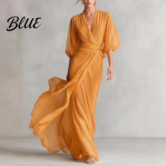 Tie Waist Women Dress V- Neck Long for Summer Autumn Solid Color Casual A-Line Dress Half Sleeves Swing Maxi