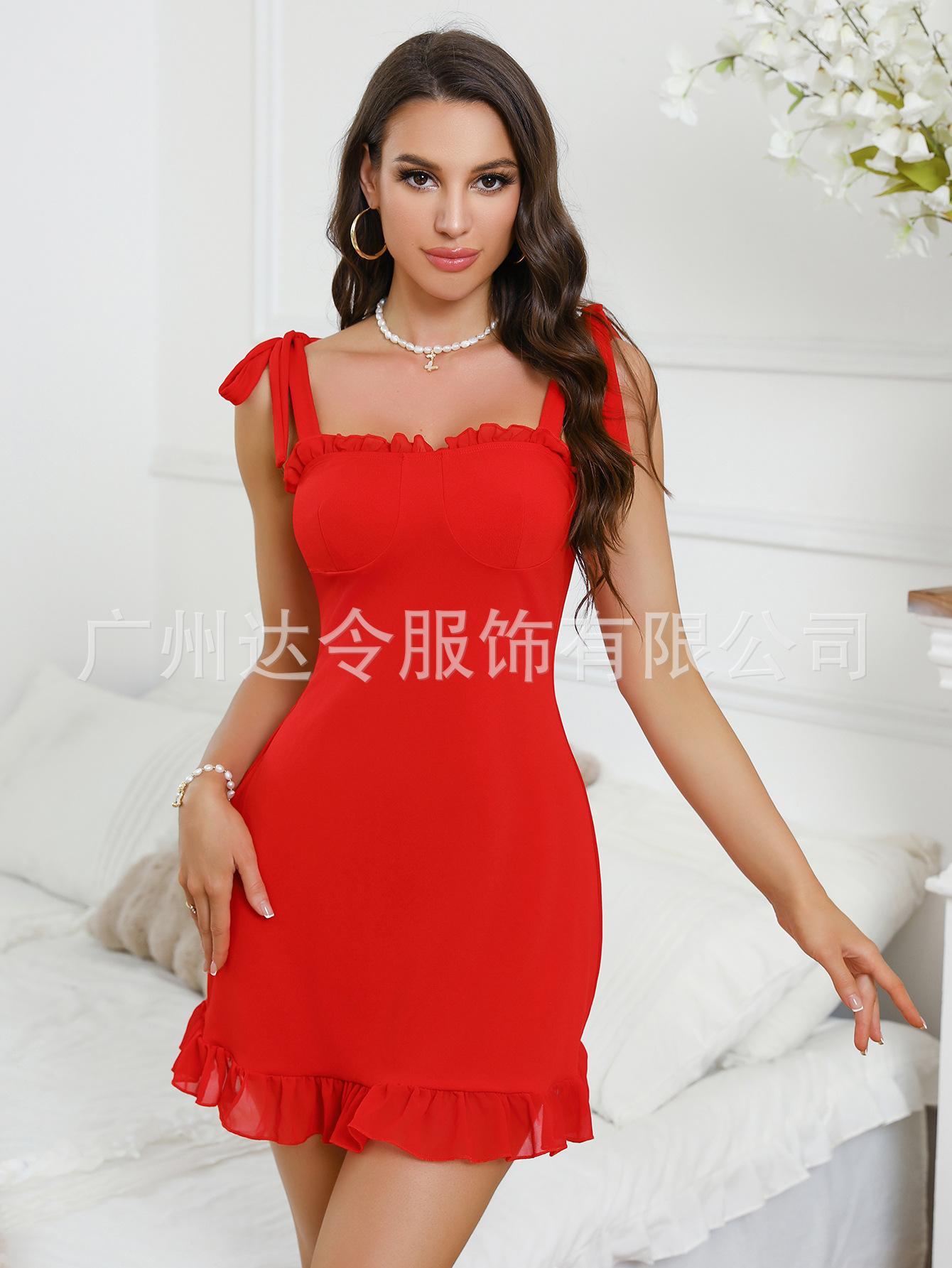 Высококачественное европейское и американское новое сексуальное платье-ночнушка на бретельках однотонное соблазнительное платье для спальни с акцентом на талию S красный