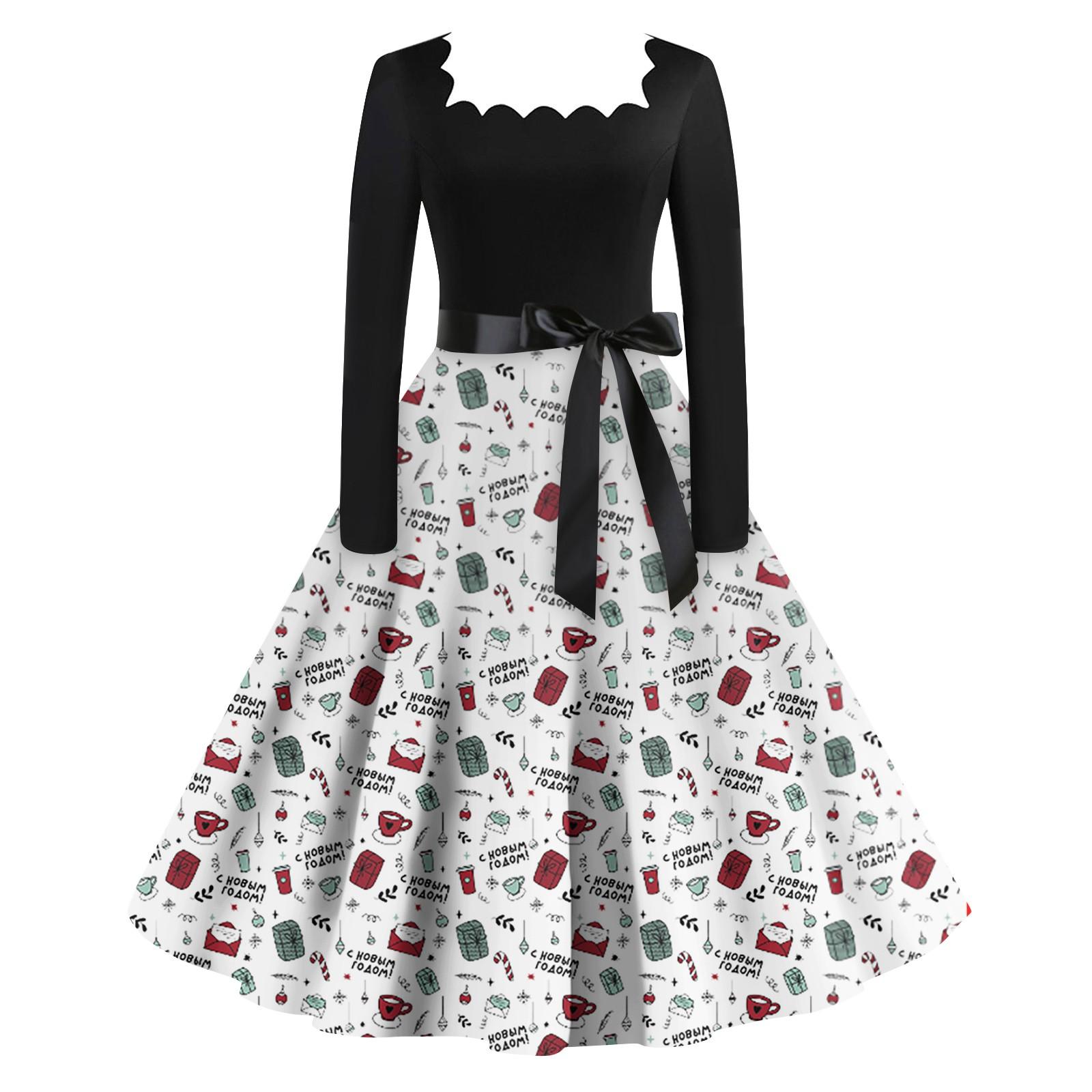 Женская мода винтаж с длинным рукавом квадратный вырез рождественский принт вечерние — фото 10