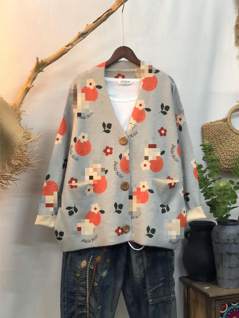 Factory new autumn and winter cute printed imitation mink velvet jacket women's Korean version loose lazy sweater