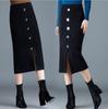 Autumn Winter Women's Temperament Breasted Midi Knitted Skirt Female Skirt High Waist Thicken Pockets Slim One Step Hip Skirt