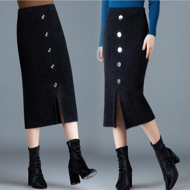 Autumn Winter Women's Temperament Breasted Midi Knitted Skirt Female Skirt High Waist Thicken Pockets Slim One Step Hip Skirt