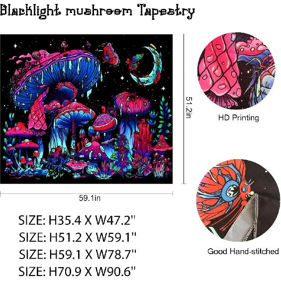 Onivein Blacklight Mushroom Tapestry Glow in the Dark Fantasy Plant Tapestry UV Reactive Moon Butterfly Frog Tapestries Poster Wall Hanging for