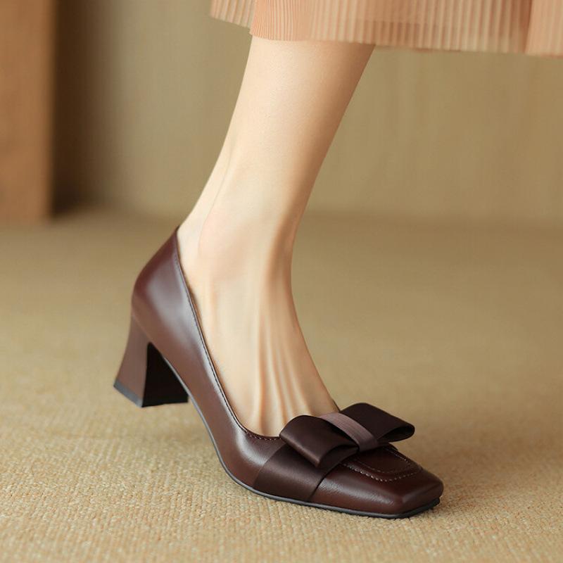 New low-top shallow single shoes casual high heels black square head one-pedal lazy shoes wear women's leather shoes in all seasons