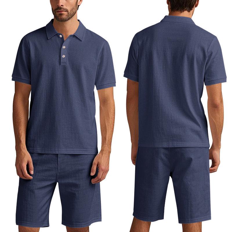 Men's Summer Lapel Button-Up Breathable Linen Polo Shirt & Casual Short Set