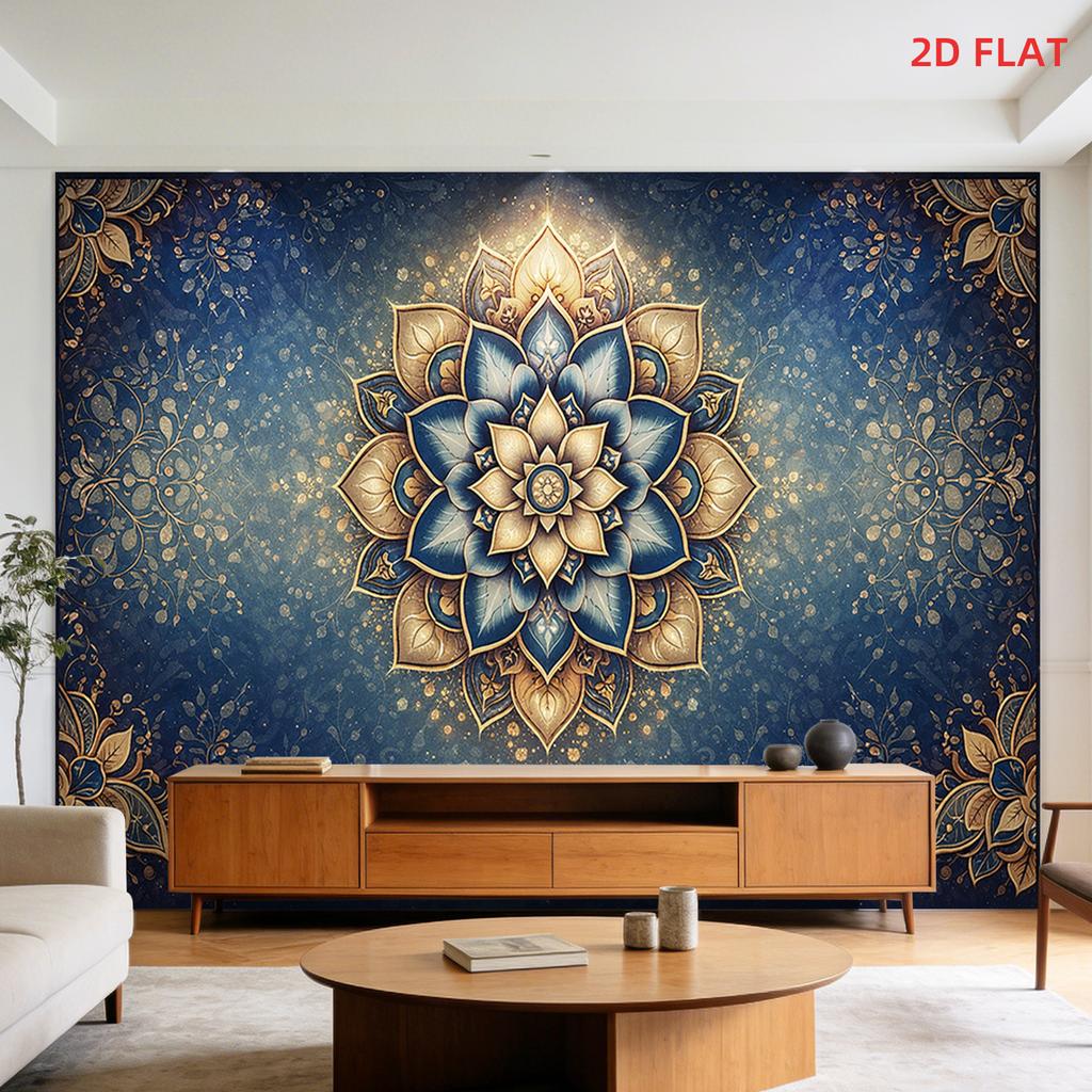 2D Flat, 1 Large Mandala Tapestry Wall Hanging - Blue Golden Ornate Bohemian Wall Decor Suitable for Bedroom, Living Room, Meditation Area, Office, La
