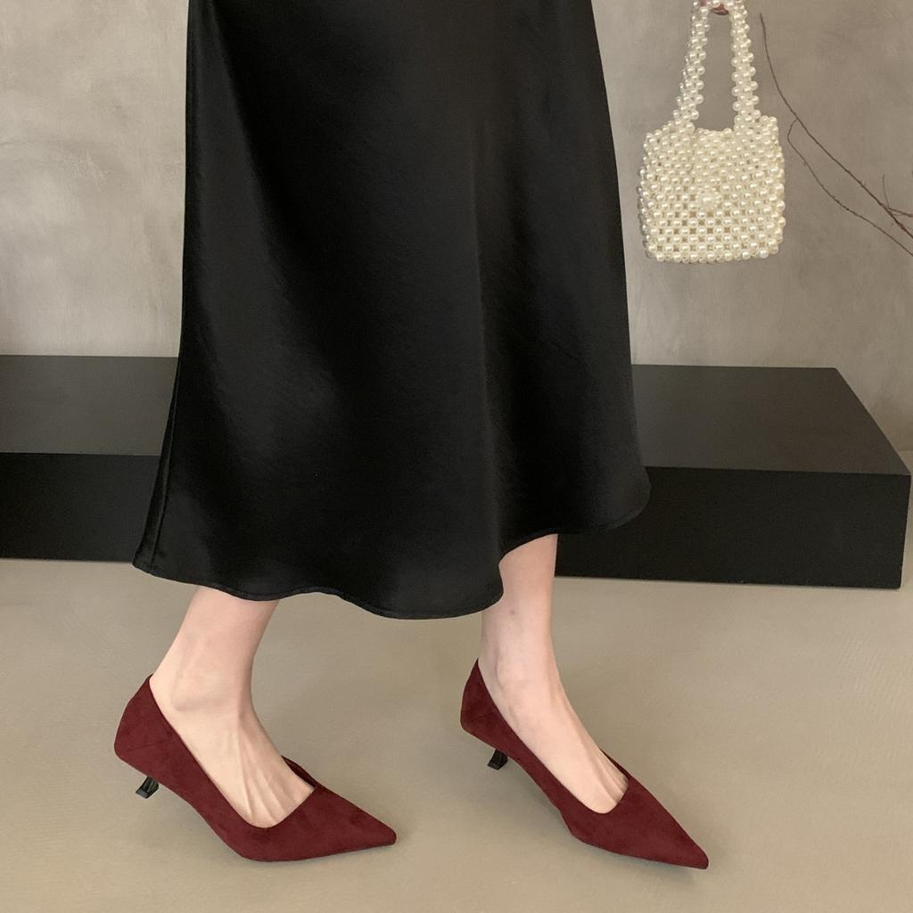 French Pointed Kitten and Black High Heels Women's 2025 New Spring and Autumn Fine Heel Suede Light Mouth Commuter Shoes