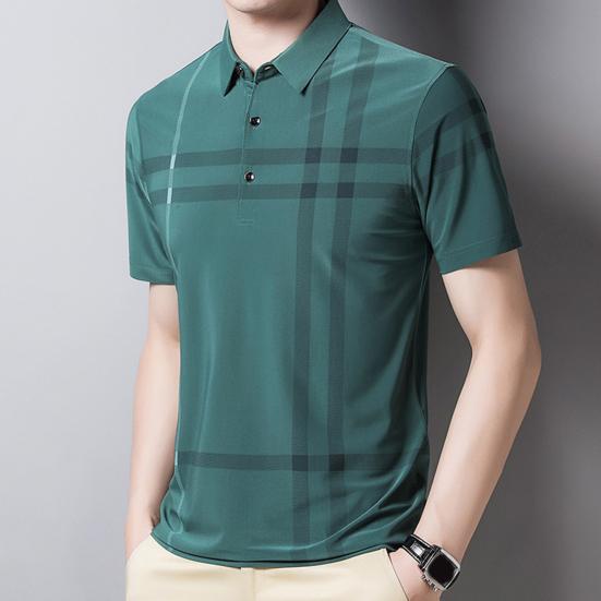 Camicia da uomo a righe a maniche corte con colletto alla coreana e fantasia dritta, T-shirt formale, Abbigliamento quotidiano