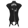 Womens Glossy Patent Leather Bodysuit Mock Neck Sleeveless Hollow Cup Open Crotch Leotard Garter Clips