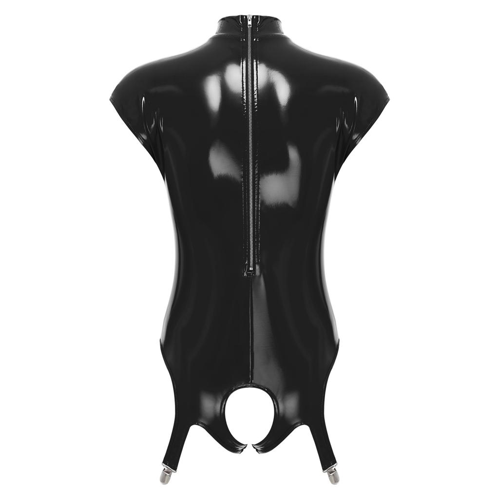Womens Glossy Patent Leather Bodysuit Mock Neck Sleeveless Hollow Cup Open Crotch Leotard Garter Clips