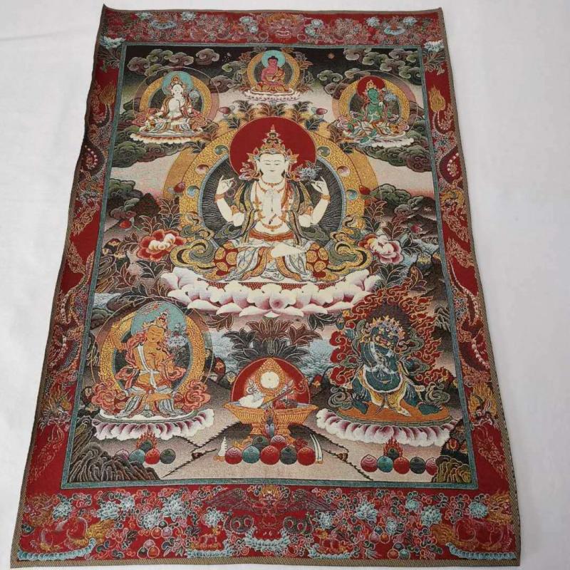 36" Tibet Tibetan Cloth Silk 4 Arm Guanyin Kwan-Yin Tangka Thangka Mural