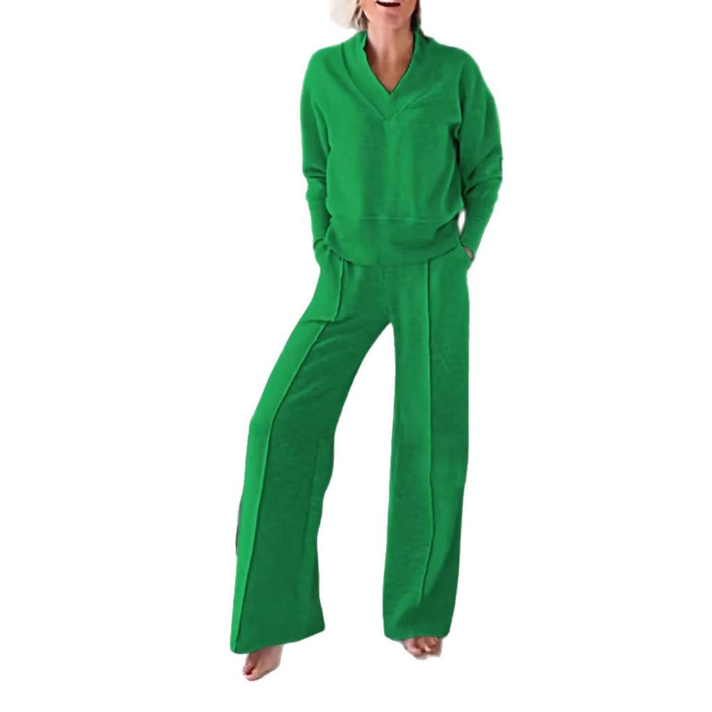 European & American Women's V-Neck Long Sleeve Top & Wide-Leg Pants Set for Autumn/Winter 2025.