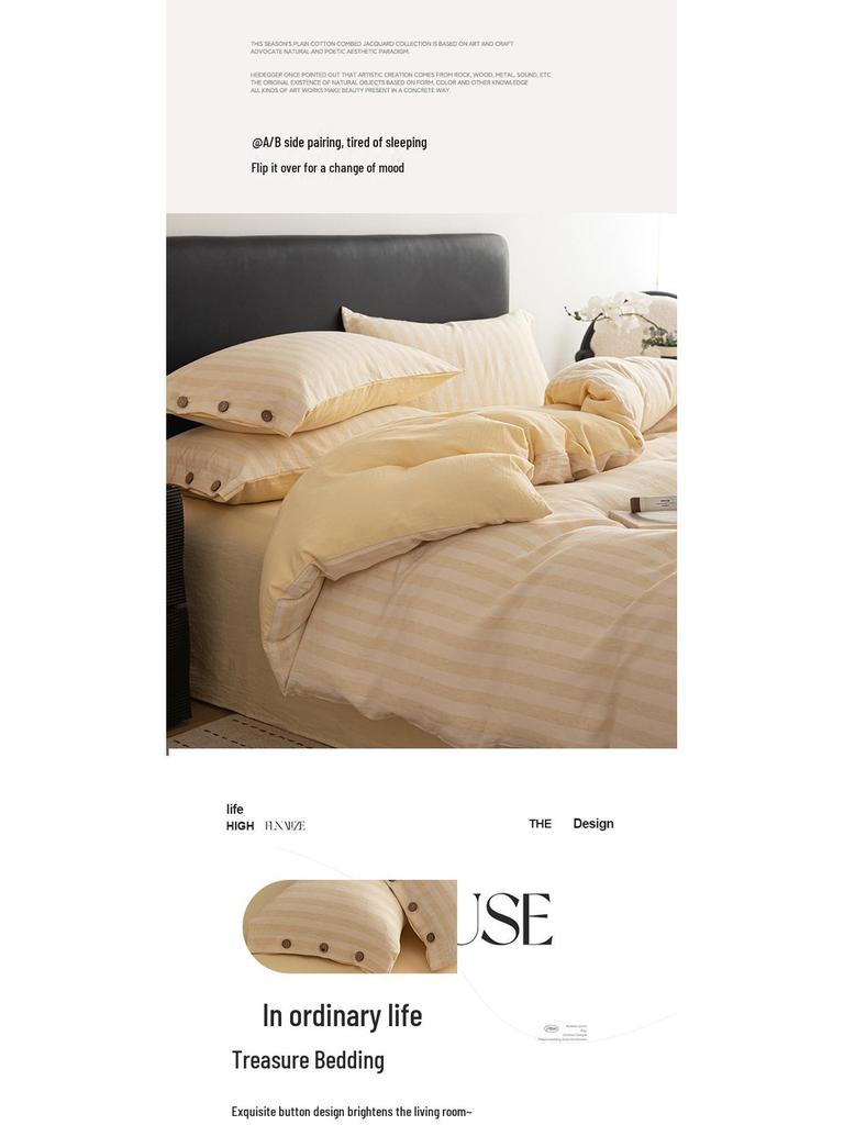 Spring/Summer Premium Cotton and Linen Four-piece Set with Buttoned Duvet Cover in Simple Stripes/Checks