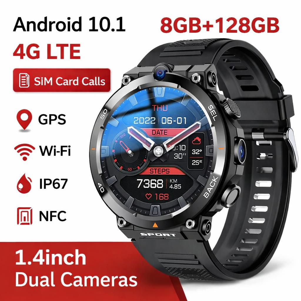UBABAI 4G LTE Android Smartwatch, 8GB+128GB, Men's Smartwatch with Camera, Wi-Fi, and GPS Functions nero