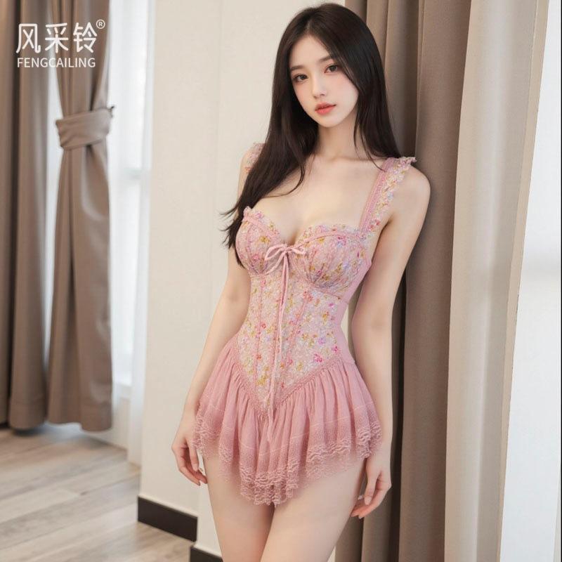 Sex Underwear Pajamas Spring Fog Song Pure Lace Floral Suspender Pajamas Women with Chest Pads Gather and Look Thin