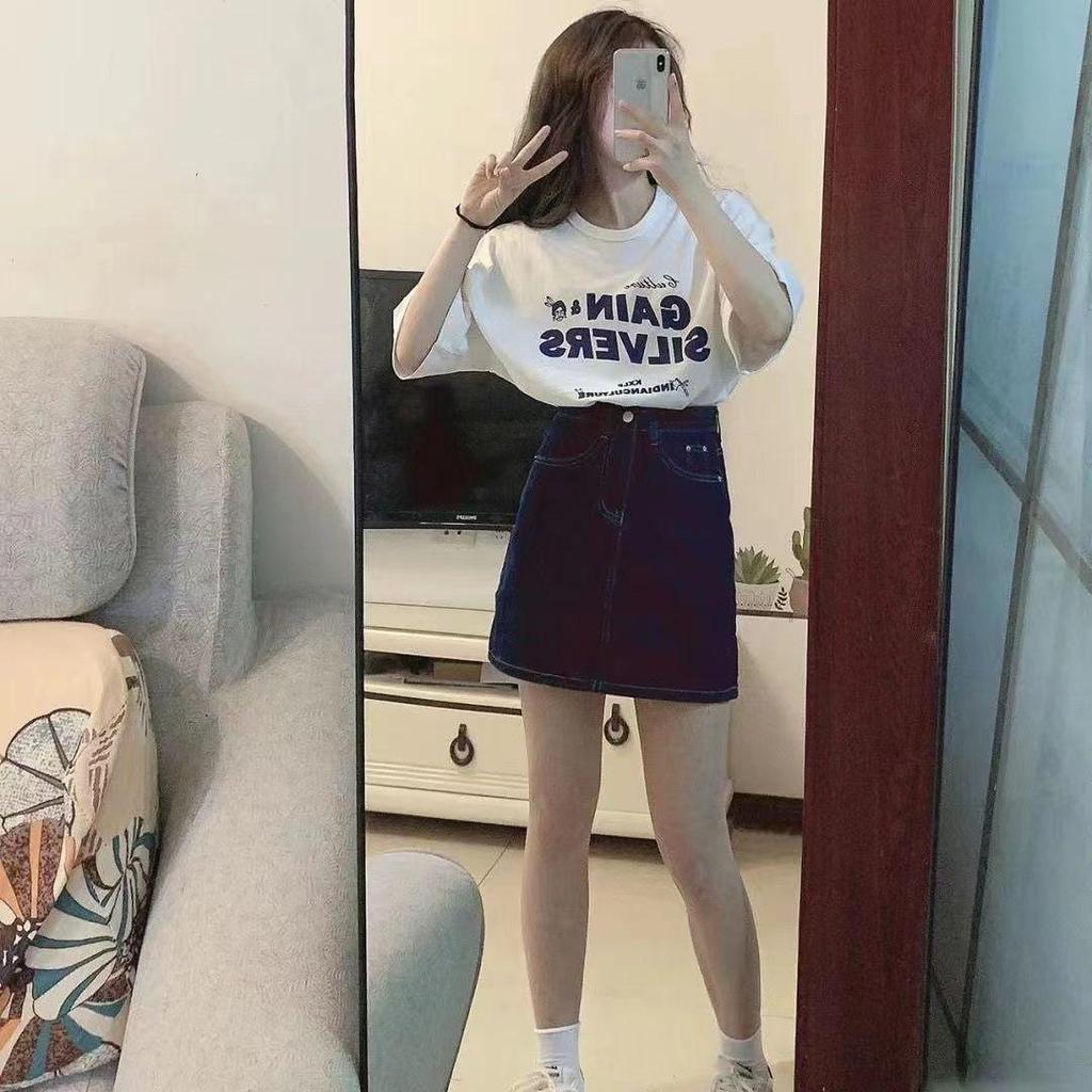 2026 Summer Trendy Dopamine Student Girls’ Cotton Short Sleeve Tee & Denim Skirt Set