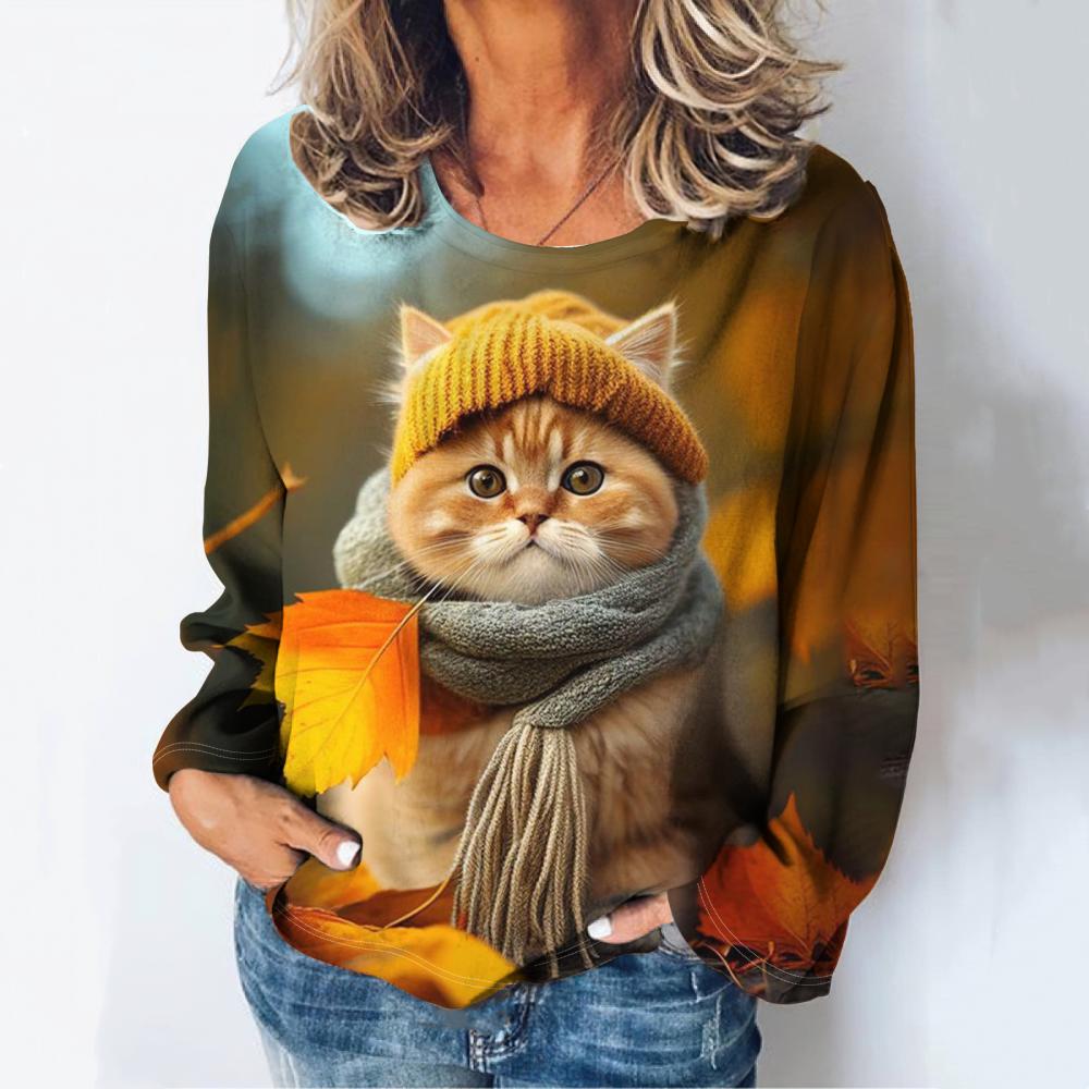 

Модные женские футболки с милым принтом котенка для девочек, летние свободные повседневные футболки в стиле Харадзюку с круглым вырезом и длинными рукавами 3XL