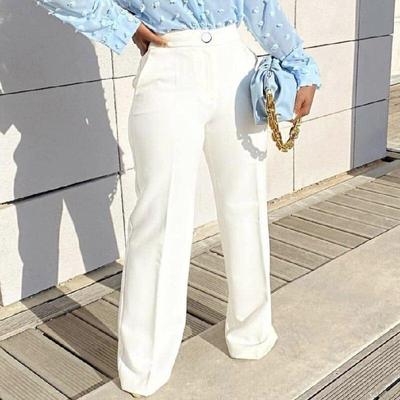 Women White Pants High Waist Elegant Wide Leg Trousers with Elastic Casual Office Business Outfit for Ladies