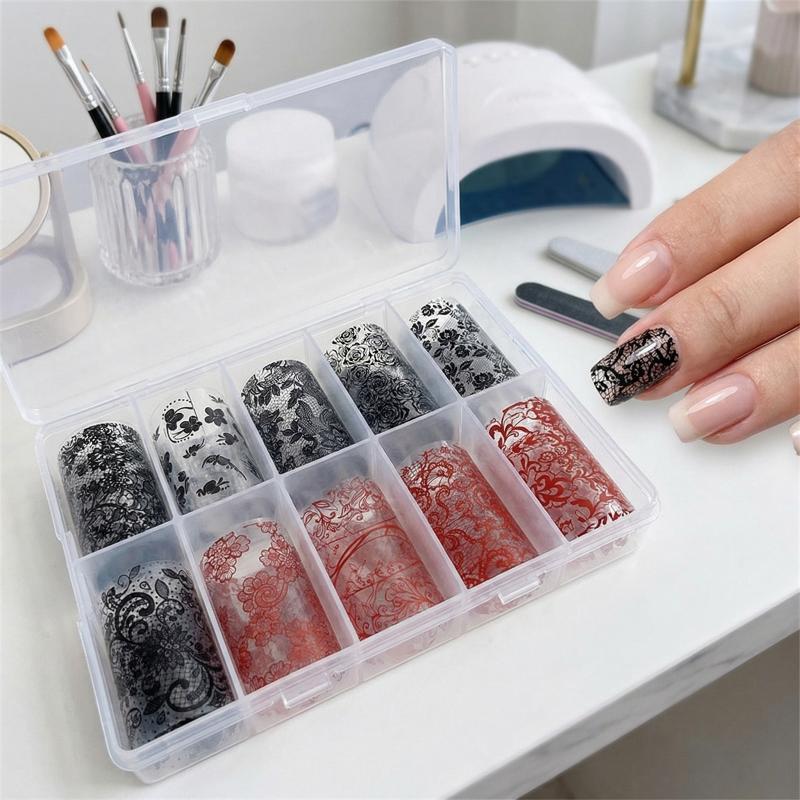 Black White Red Floral Lace Nail Art Transfer Foils 10 Rolls Nail Stickers for Beauty DIY Manicure and Pedicure Decoration Set