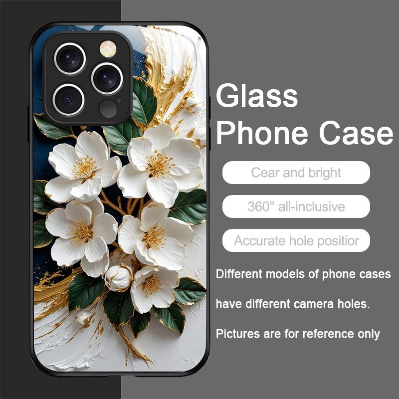 Stylish White Camellia Flower Marble Texture Tempered Glass Phone Case for IPhone 17 16 Pro Max 15 14 Plus 13 12 Mini 11 X Cover