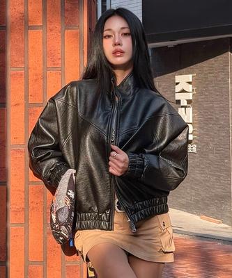 Lady Volume 9232 Washed Leather Oversized Blouson (Black)